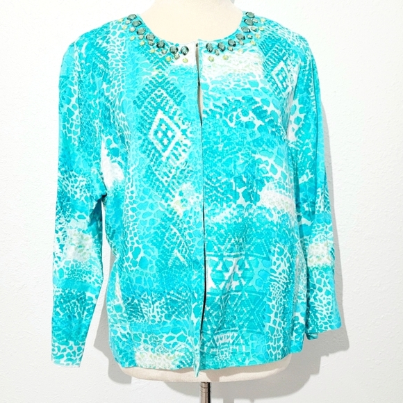 Ruby Rd. Womens Size 16 Aqua Blue Embellished Neckline Linen Blend Blouse/jacket - Picture 1 of 12